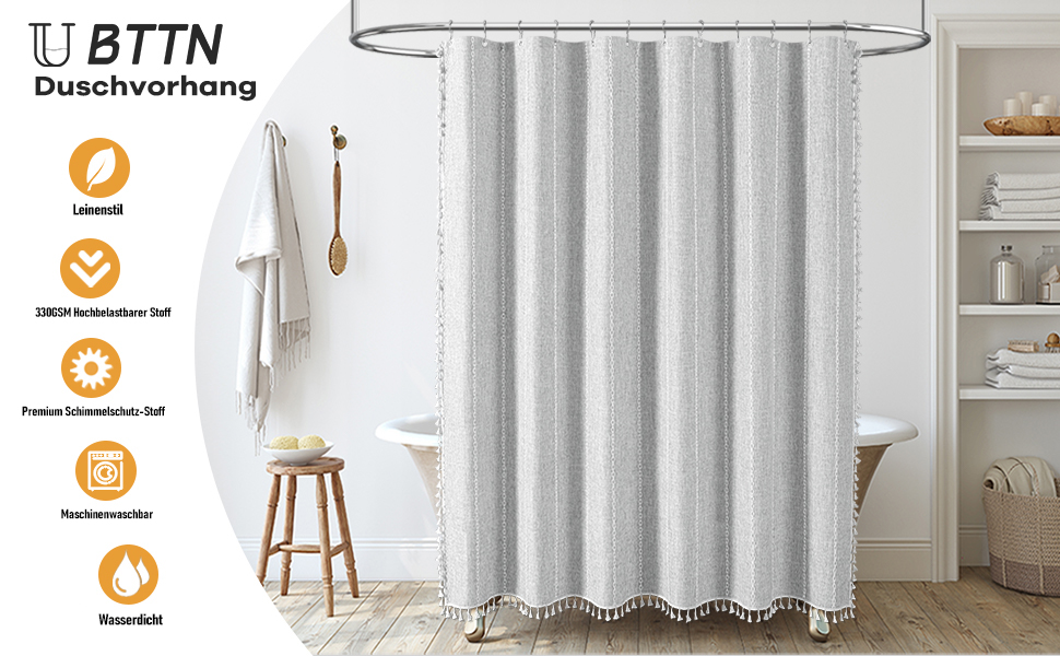 Шторка для душу BTTN 182 x 200 см, Бохо-фермерський стиль, важка тканина, з бахромою, водонепроникна, з вантажами, 12 гачків (сіра, смугаста)