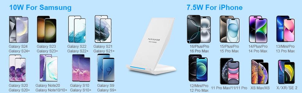Бездротовий зарядний пристрій NANAMI Qi для iPhone 17/16/15/14/13/12 Pro/11/XS Max/XR/X/8 Plus та Samsung Galaxy S25/S24/S23, білий