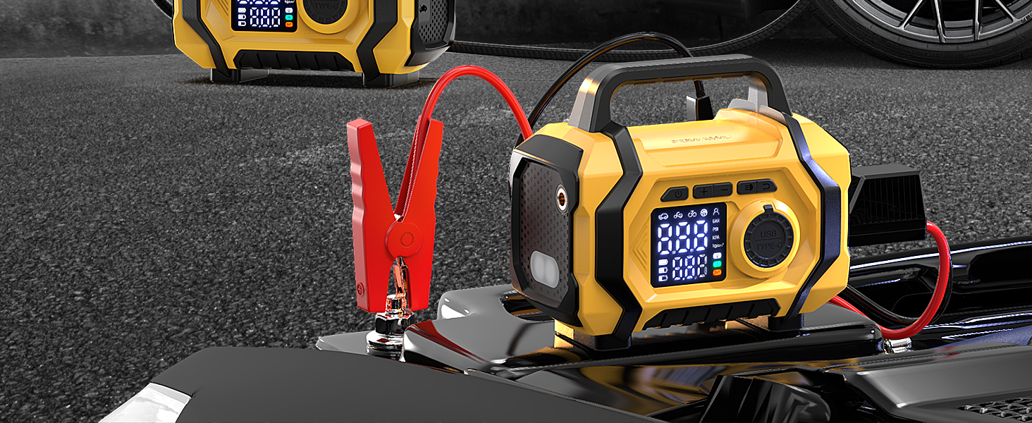 Портативний пусковий пристрій FOWAWU 9-в-1 з компресором, акумулятор 6000A, 26800mAh, 150psi, автовимкнення