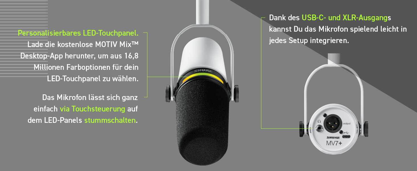 Мікрофон Shure MV7+ Gen 2 для подкастів, стрімінгу та запису – білий. USB/XLR, LED-сенсор, авто-регулювання рівня, цифровий поп-фільтр
