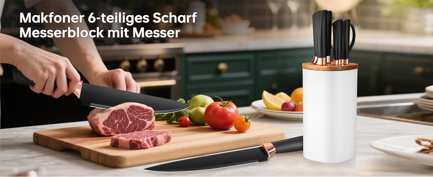 Набір ножів кухонний 6 предметів з блоком, нержавіюча сталь, білий