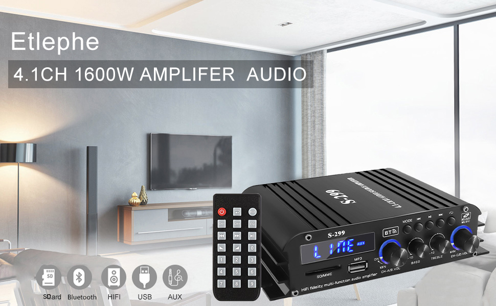 Etlephe 4.1-канальний підсилювач 1600Вт, Bluetooth 5.0, 4×50Вт + активний сабвуфер, Hi-Fi інтегрований підсилювач для домашньої або автомобільної акустики S-299