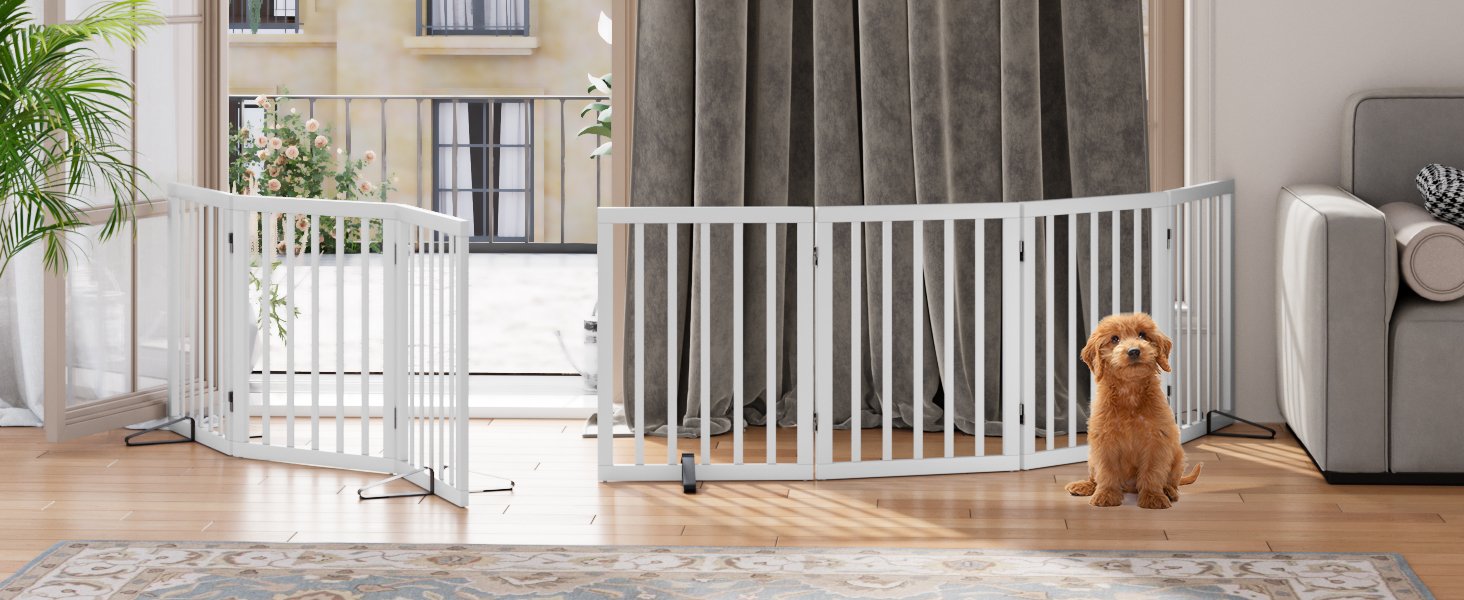 Бамбукове перегородка для собак Semiocthome: 3 секції, 140 см, для дому, з металевими стійками, 61 см висота, складана, білий колір