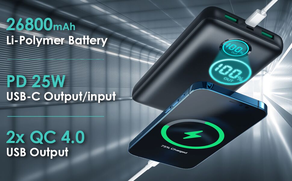 Портативний зарядний пристрій Powerbank 26800mAh з бездротовою зарядкою 25W PD3.0+QC4.0, 15W, 4 виходи USB-C, LCD дисплей, чорний (Q5)