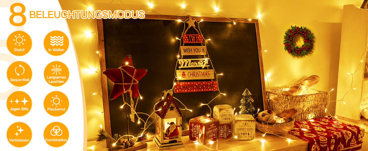 Ланцюжок прикрас Ollny 20м, 200 LED, з пультом та таймером, 8 режимів, IP44, теплий білий