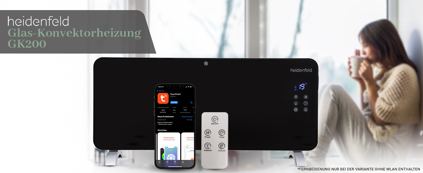 Конвектор опалення Heidenfeld GK200: скляний нагрівач 2000 Вт, гарантія 3 роки, до 40 м²