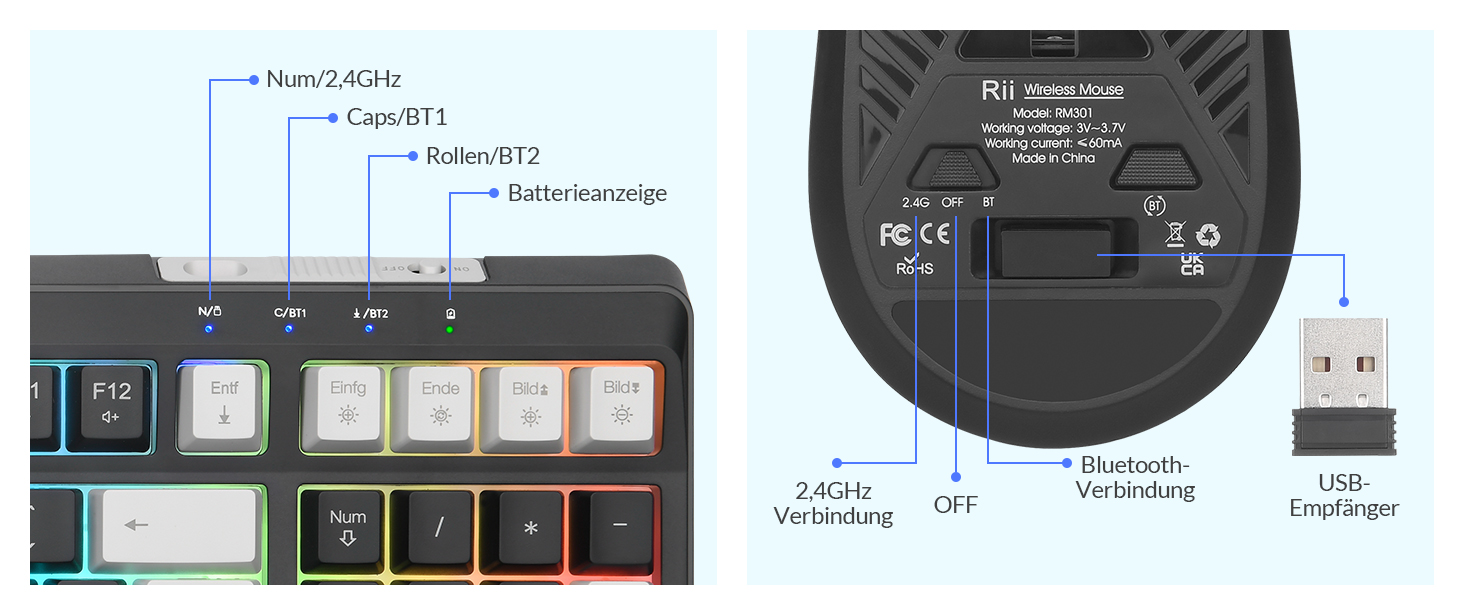 Бездротовий ігровий комплект клавіатури та миші Rii: Bluetooth + 2.4GHz, LED-підсвітка, QWERTZ