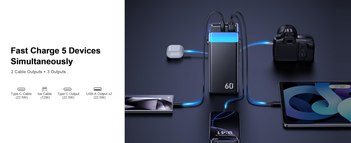 Powerbank 60000mAh 22,5W PD з USB-C, чорний: зовнішній акумулятор з 5 виходами та 2 входами, сумісний з iPhone, iPad, Samsung