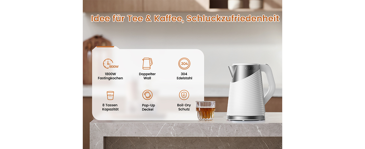 Електричний чайник OLEGA 1.8 л, 1800 Вт, швидка кип'ятіння, BPA free, енергозберігаючий, безпечний дизайн