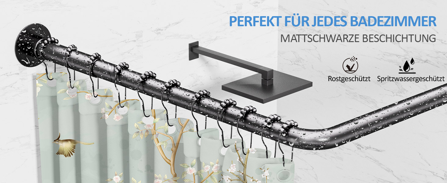 Штанга для душу L-подібної форми, регульована 60-134 см, з кріпленням для штори та опорою для стелі, чорна. Підходить для ванни/ванної кімнати. Потрібно свердління.