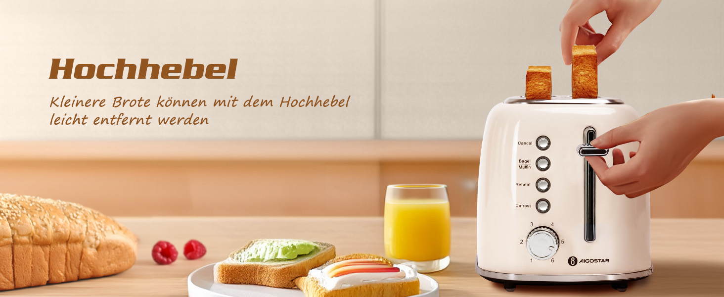 Тостер Aigostar 2-х секційний, Ретро, Кремовий, 800W, 6 рівнів підсмажування, Функції: Bagel, розморожування, підігрів, відміна