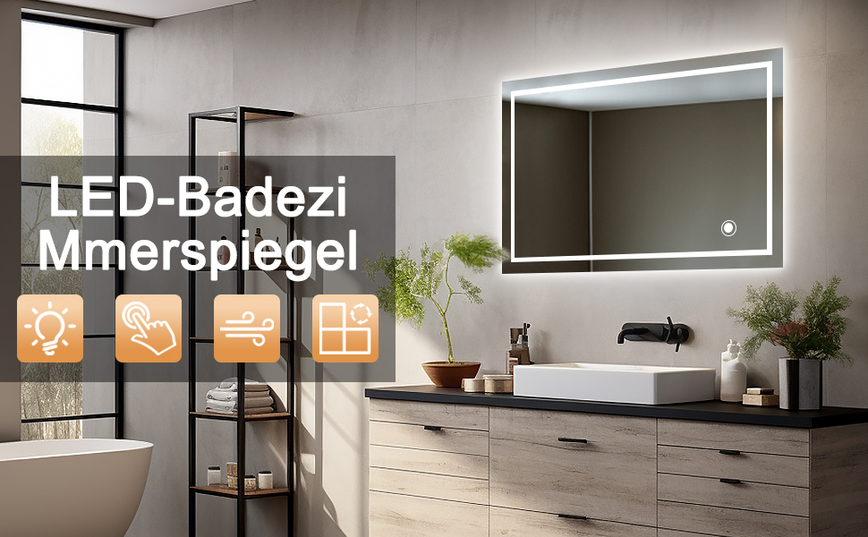 Дзеркало для ванної кімнати з підсвічуванням 50x70 см LED, з сенсорним вимикачем, срібне