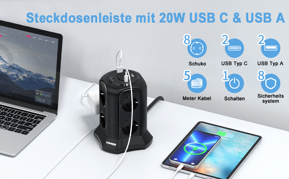 Многорозеткова смуга з USB, 8 розеток, з вимикачем, 4000W/16A, захист від перенапруги, 5м кабель, чорний колір
