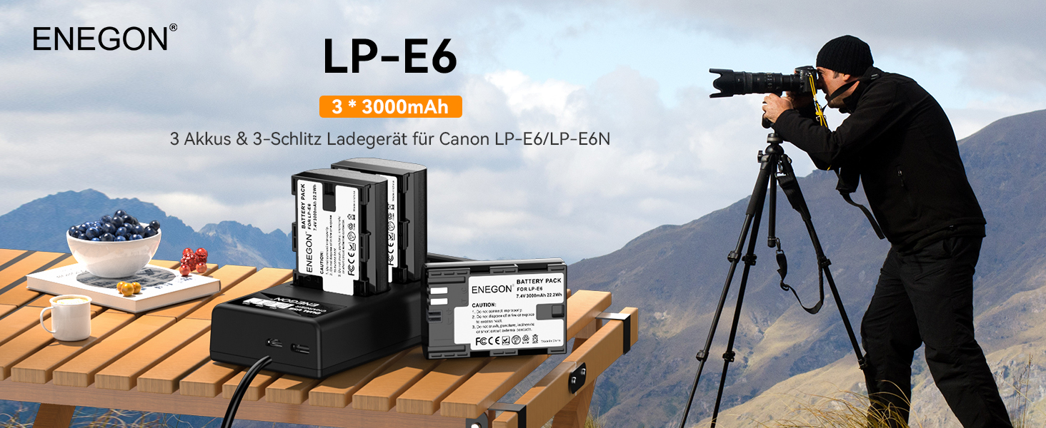 Акумулятор ENEGON LP-E6 (3x3000mAh) з зарядним пристроєм на 3 слоти LCD, сумісний з Canon EOS 5D, 5D Mark II, 6D, 7D, 60D, 70D, 80D, 90D, XC10, XC15