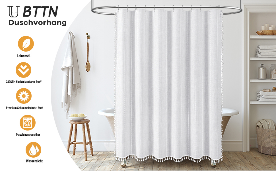 Тканинний душовий завіс BTTN 182 x 200 см, Бохо-фермерський стиль, з кистями, водовідштовхувальний, з вагою, 12 гачків, (Білий, смугастий)