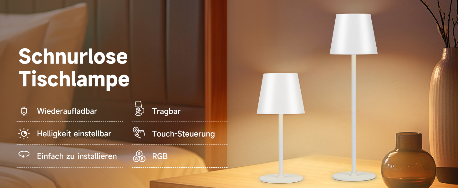 Дві бездротові LED-лампа настільні, перезаряджувані, 3000K, 7 кольорів RGB, USB-C, 5500mAh, вологостійкі, для дому та на вулицю (білі, 2 шт.)