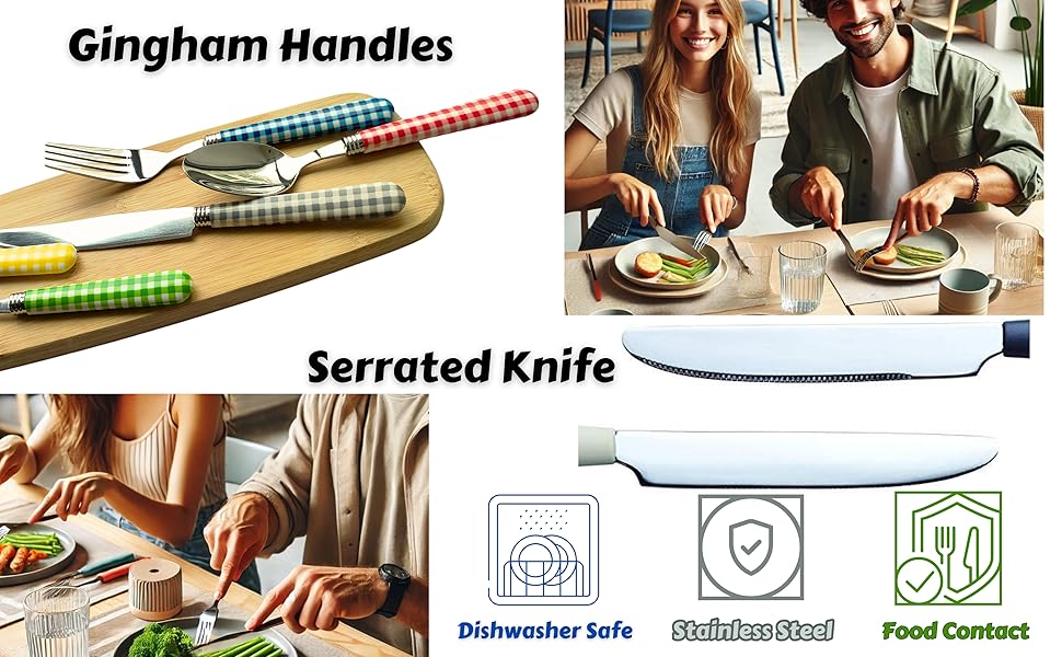 EXZACT Набір столових приборів з нержавіючої сталі 24 шт. - Ручки кольору Гінгем - 6 виделок, 6 ножів, 6 ложок, 6 чайних ложок (24 шт. сірого кольору)