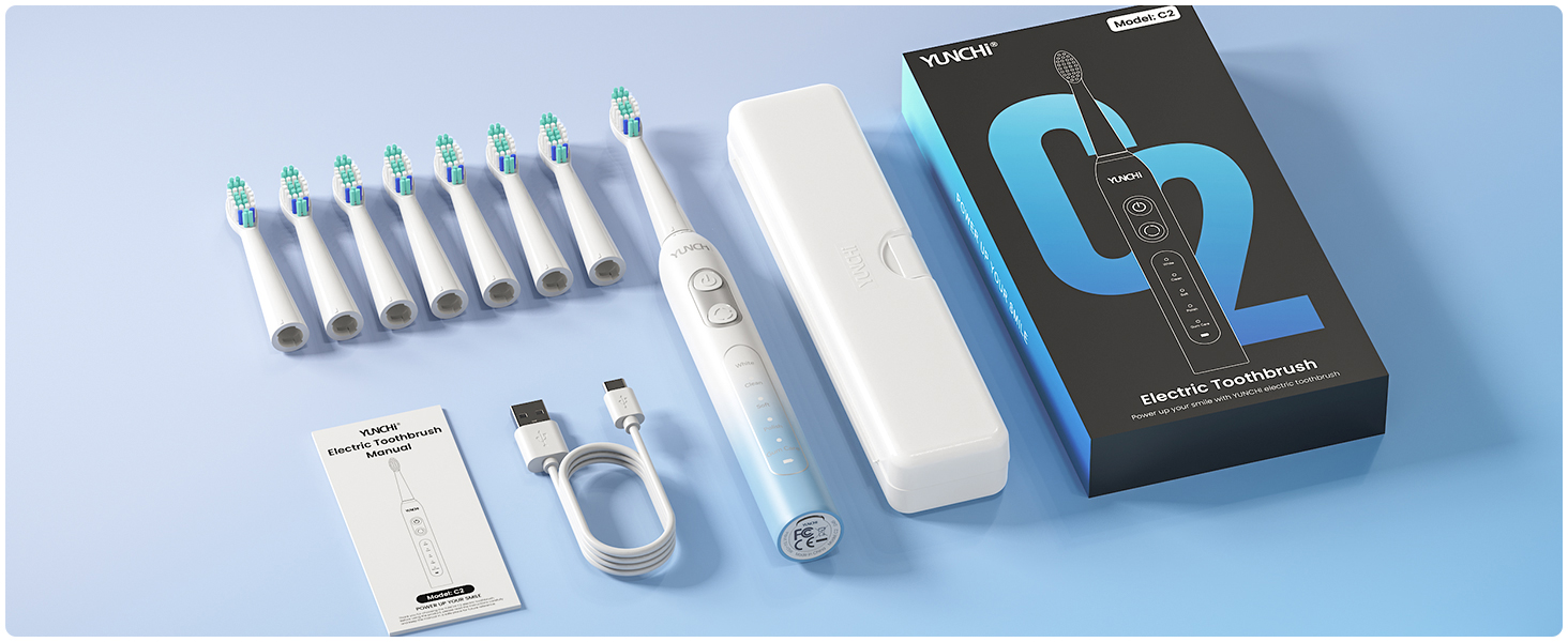 Електрична зубна щітка YUNCHI C2 з 40000 VPM, звукова щітка для дорослих, USB-C зарядка, 55 днів роботи від акумулятора, 5 режимів чищення, таймер 2 хвилини, 8 насадок, дорожній футляр, чорний (C2 небесно-блакитний та білий)