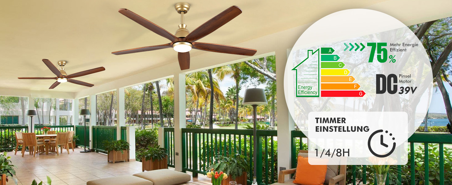 Дзеркальний вентилятор для стелі з дерева, без освітлення, з пультом керування, тихий, для вологого приміщення, 132 см (52 дюйми), коричневий, 5 лопатей