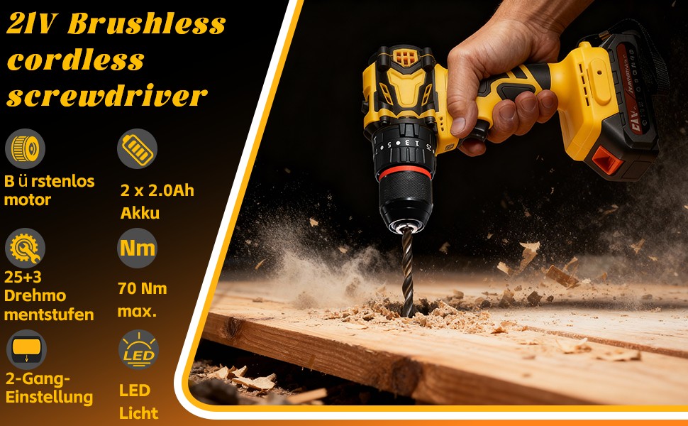 Акумуляторний шуруповерт 21V безщітковий, 2 акумулятори 2.0Ah, 70 Nm, 25+3 ступені крутного моменту, 2 швидкості, LED-ліхтик, патрон 10 мм, для ремонту та DIY