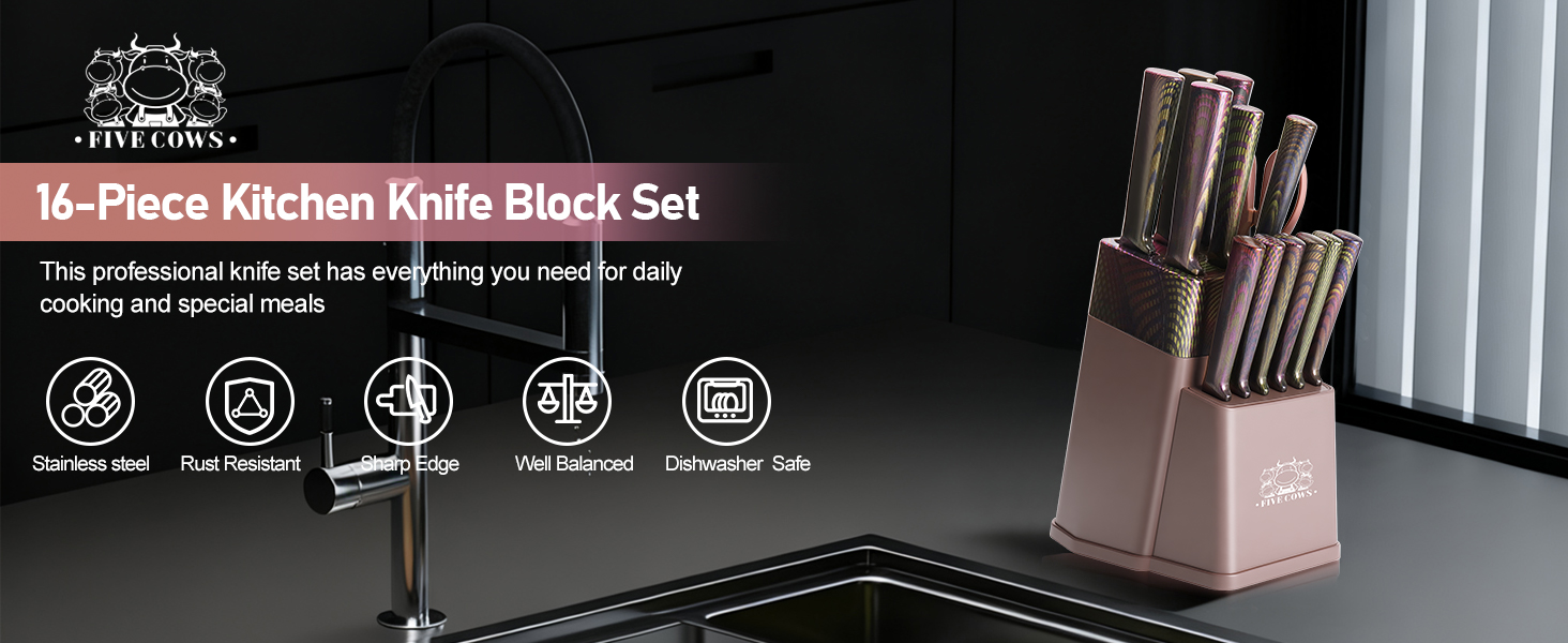 Набір кухонних ножів Messerblock 16 предметів з дерев'яною підставкою, дощечкою, захистом пальців, точилкою та кухонними ножицями. Професійний набір ножів для дому (зелений/рожевий)