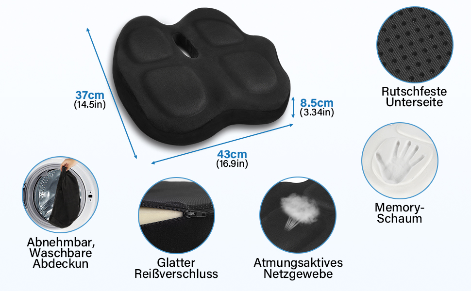 Ортопедична подушка для сидіння з Memory Foam для офісного крісла, авто та інвалідного візка, чорна. Зняття тиску на куприк, комфорт.