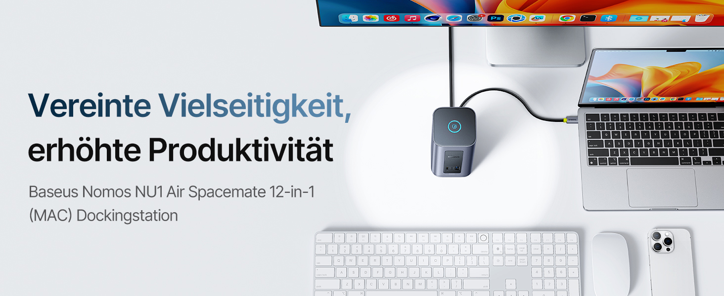 Базаус Док-станція USB-C 12-в-1, сумісна з Dell/HP/Lenovo/Asus/Acer/Mac, 2 монітори 4K HDMI, 10Gbps USB-C/A, 100W PD, Gigabit Ethernet
