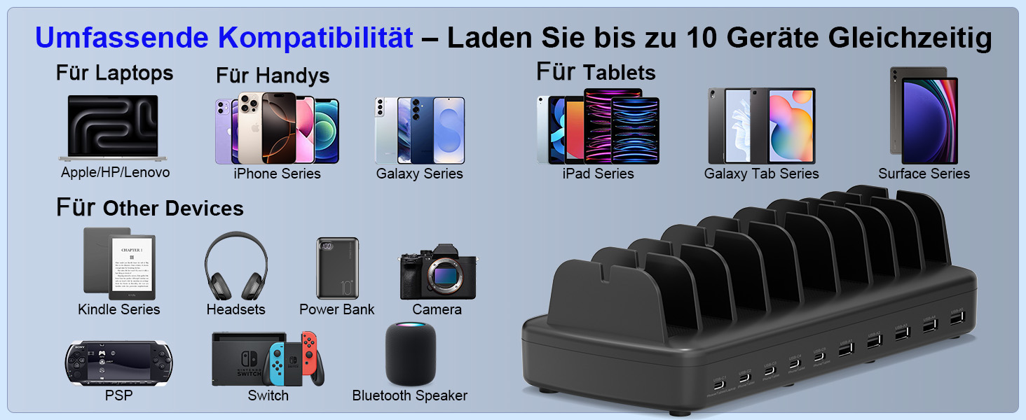 Зарядна станція COTOPS 65W на 10 портів для ноутбука, телефону, iPad, планшета. USB-C PD, з підставкою-органайзером, чорна