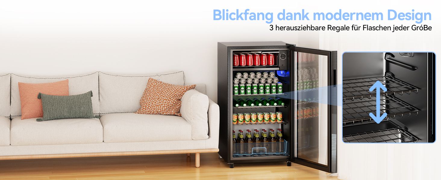 Холодильник для напоїв на 85 літрів з скляними дверцятами та блакитним LED-підсвічуванням, 3 регульовані полиці для соди/пива/вина, ідеальний для дому та вечірок