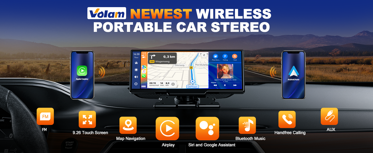 Бездротовий CarPlay/Android Auto дисплей Volam 9,26