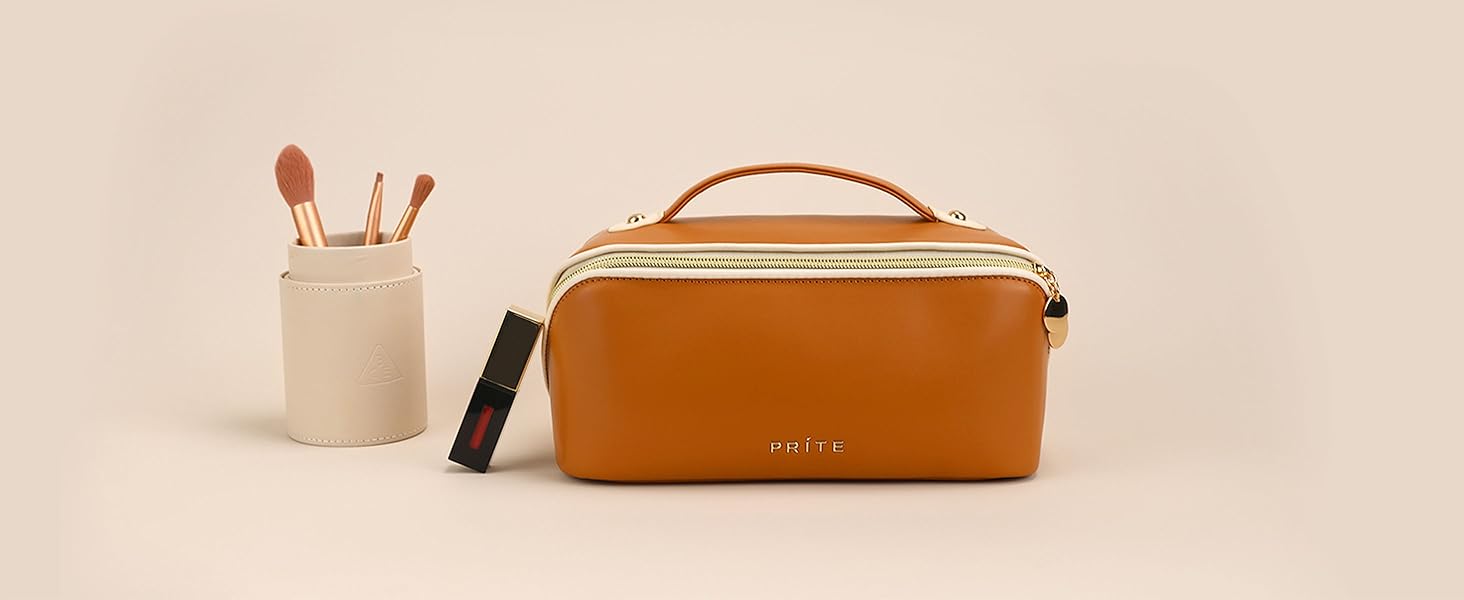 Косметичка велика містка для подорожей, водонепроникна з PU-шкіри, з прозорими перегородками та ручкою, бежева