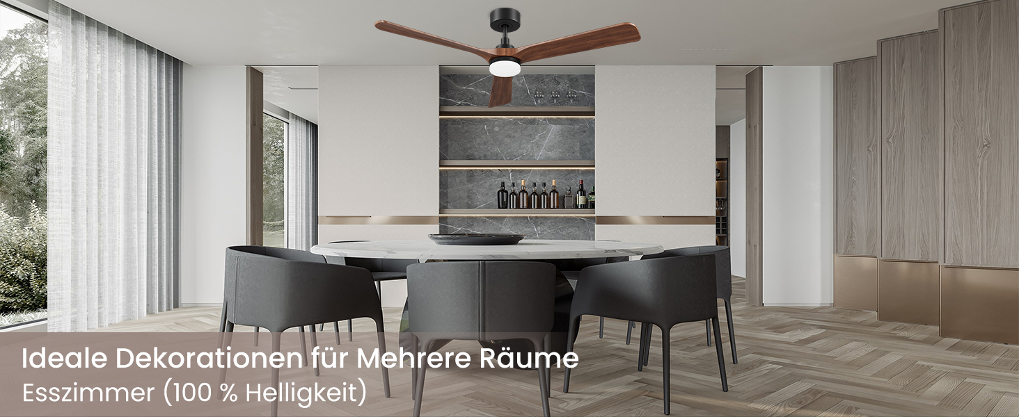 Стеляний вентилятор з дерева з підсвічуванням, 90 см, тихий DC-двигун, 6 швидкостей, пульт з пам'яттю, таймер, 24W LED, регулювання яскравості