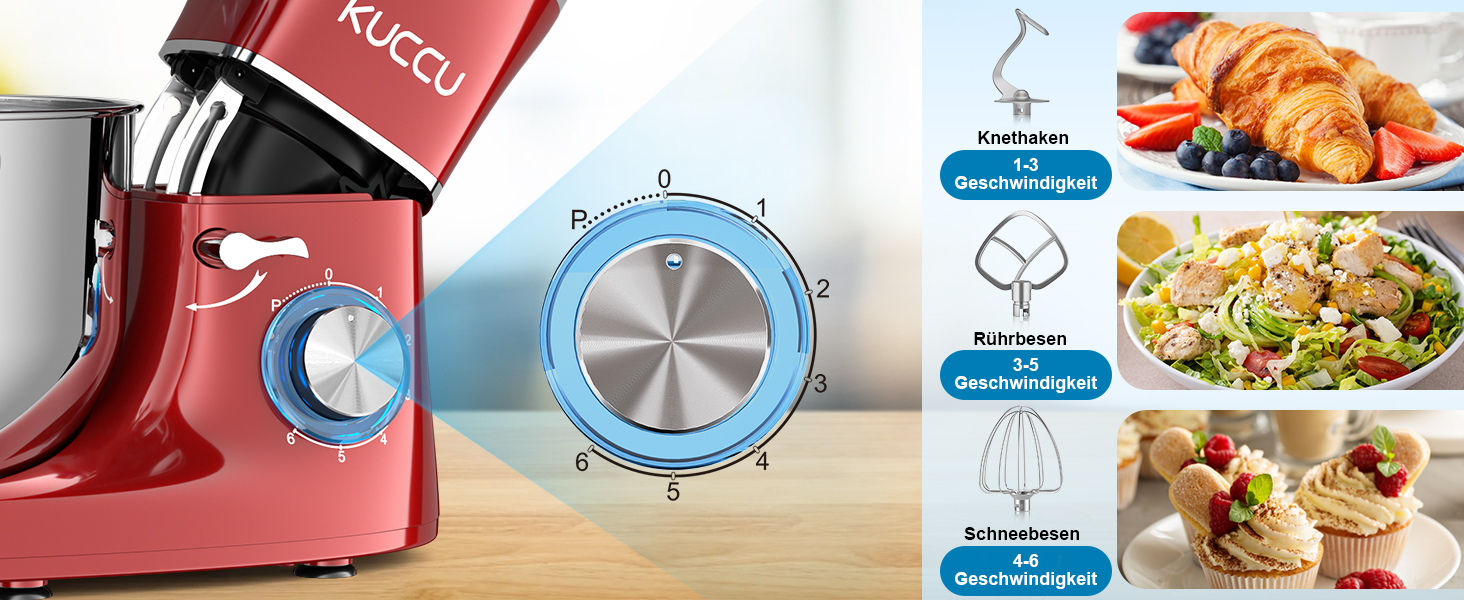 Кухонний комбайн-міксер 1500W з чашею з нержавіючої сталі 7л, планетарний міксер для тіста з 6 швидкостями та набором насадок (гак, вінчик, міксер), червоний