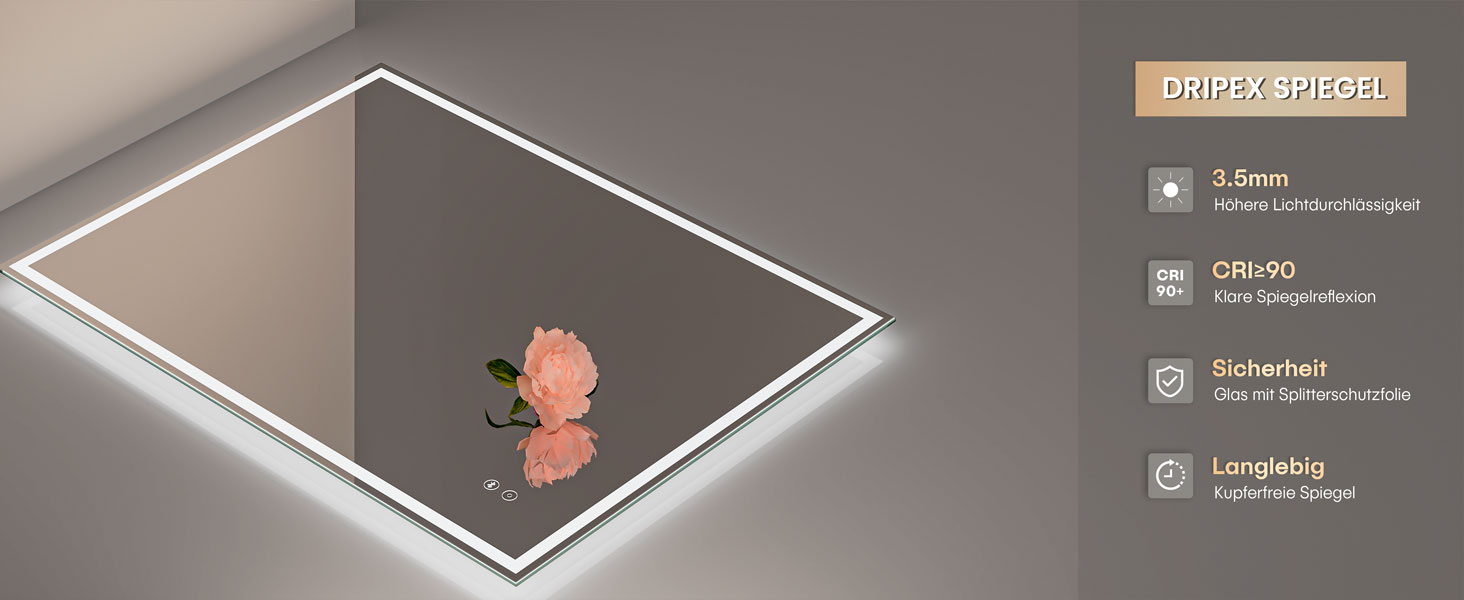 Дзеркало для ванної кімнати з LED-підсвічуванням Dripex, 50x70 см, сенсорне управління, протитуманне покриття, Bluetooth, розетка, 3 кольори світла