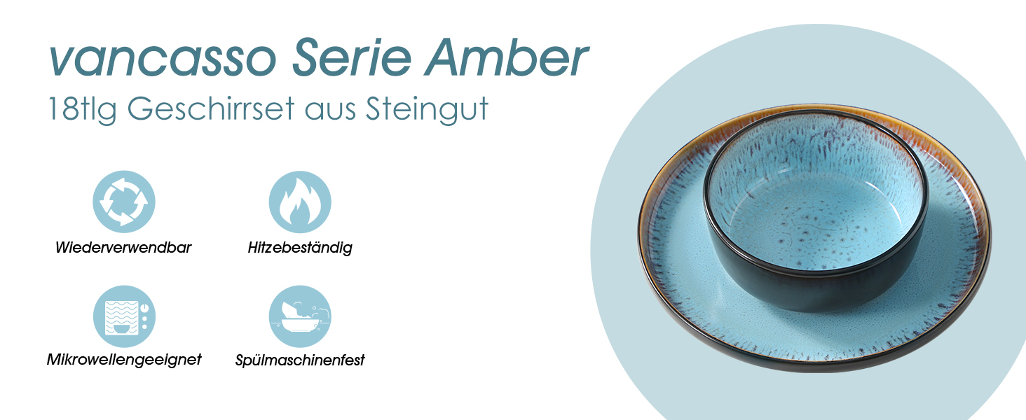 Набір посуду Vancasso AMBER на 6 осіб, 18 предметів, кераміка, блакитний колір, для сервірування, реактивна глазур, можна мити в посудомийній машині