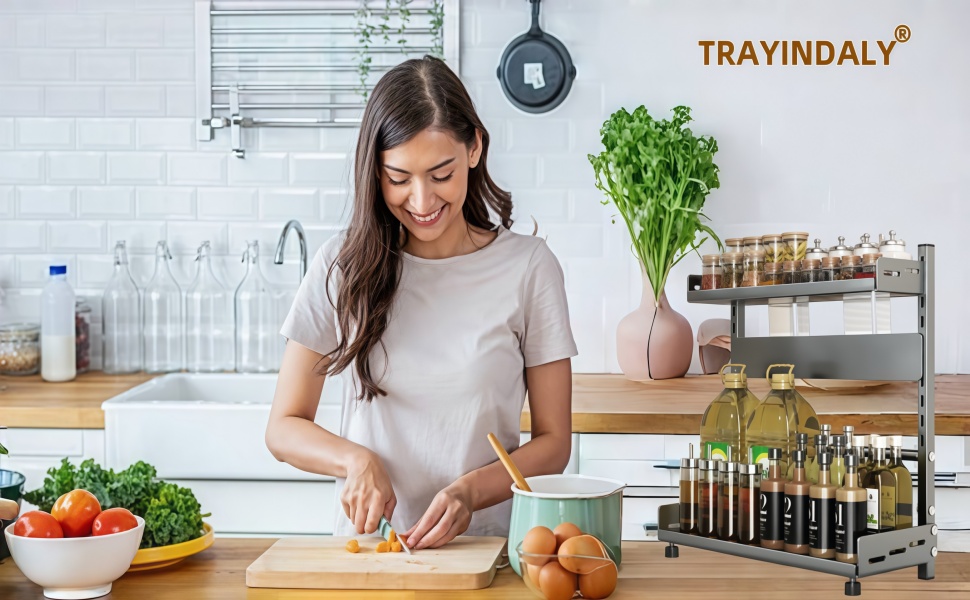 Металевий органайзер для спецій на 2 яруси, регульована висота, з захисним гратом та тримачем для ножів, чорний