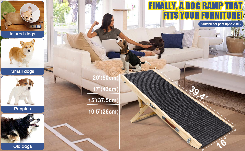 Дерев'яна пандус для домашніх тварин, регульована | Складана сходинка для собак з антиковзким килимком | 4 висотні сходинки | портативна та легка для малих та середніх тварин | ідеально для ліжок, диванів та авто