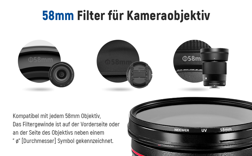 Набір фільтрів NEEWER 58mm ND2 ND4 ND8 UV FLD CPL для об'єктиву: комплект з фільтром, кришкою та блендою