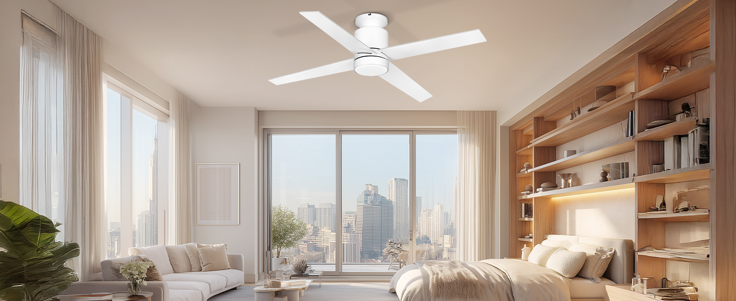 Стеляний вентилятор Ohniyou з підсвіткою та пультом дистанційного керування, 96,5 см (38 дюймів), з керуванням через додаток, тихий, з регулюванням яскравості, для спальні, тераси, внутрішнього та зовнішнього використання (білий, сучасний)