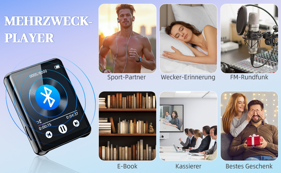 MP3-плеєр 128GB з Bluetooth, портативний музичний плеєр з динаміком, 2.4' Full Touch Screen, HiFi звук, FM радіо, записувач, кабельні навушники в комплекті, для бігу, фітнесу T5-MP3