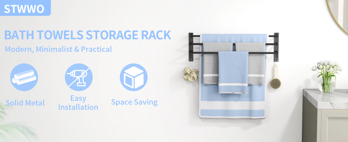 Тримач для рушників 80 см без свердління, чорний, з 3 стержнями, з нержавіючої сталі, з 2 гачками