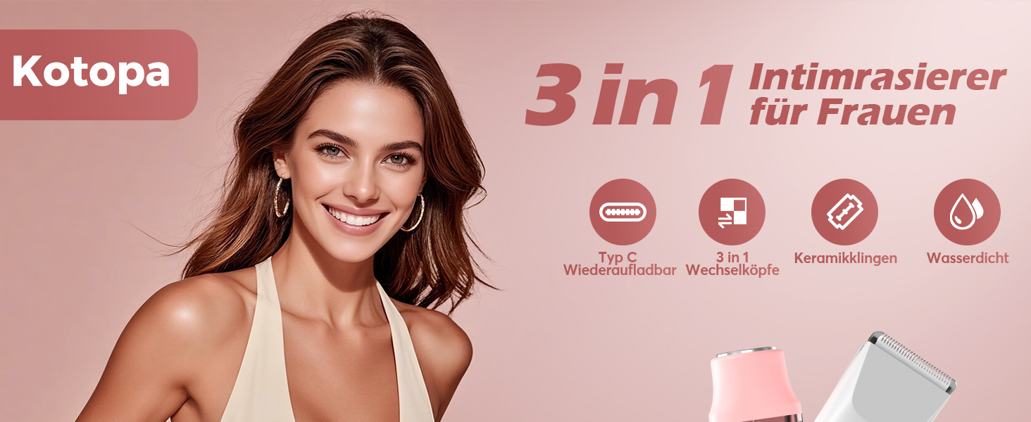 Електричний тример для інтимної зони для жінок 3-в-1, для бікіні, обличчя та тіла, бездротовий, водонепроникний, для чутливої шкіри (білий/рожевий)