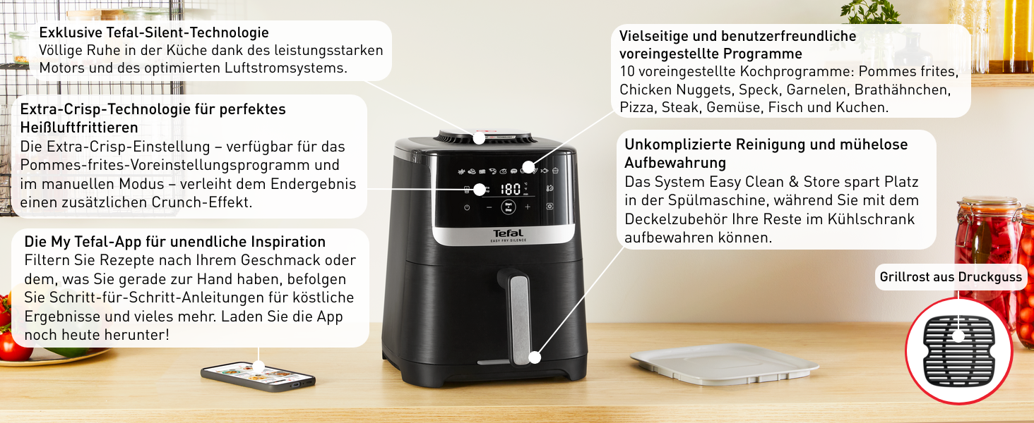 Фритюрниця Tefal Easy Fry Silence 7л, біла - аерофритюрниця з тихим режимом та 10 програмами приготування, EY8421E0