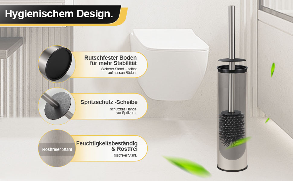 Підлогова щітка для унітазу Dazi з нержавіючої сталі, металева, матова, з 2 довгими щітками для глибокого очищення, запобігає розбризкуванню та засміченням (нікель)