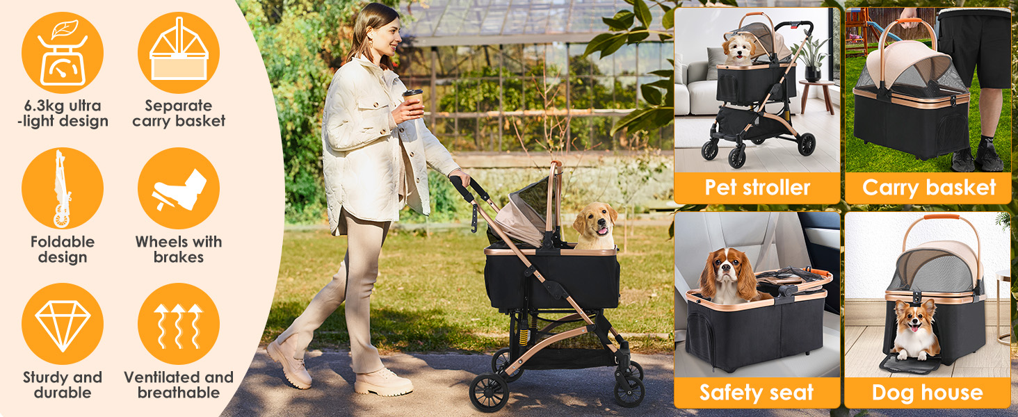 Візок для собак MAMIZO 3 в 1: візок, переноска, сумка. До 20 кг, 360° обертання, з відкидним кошиком та тримачем для напоїв. Підходить для собак та котів.