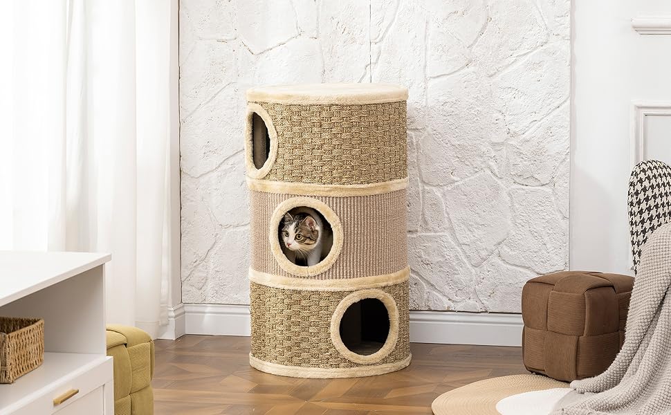 Кігтеточка PawHut для котів 79 см, 3 яруси, кігтеточка-бункер, кігтеточка з сизалю, для великих котів, бежево-коричнева, 45л х 45см х 79см з внутрішнім отвором