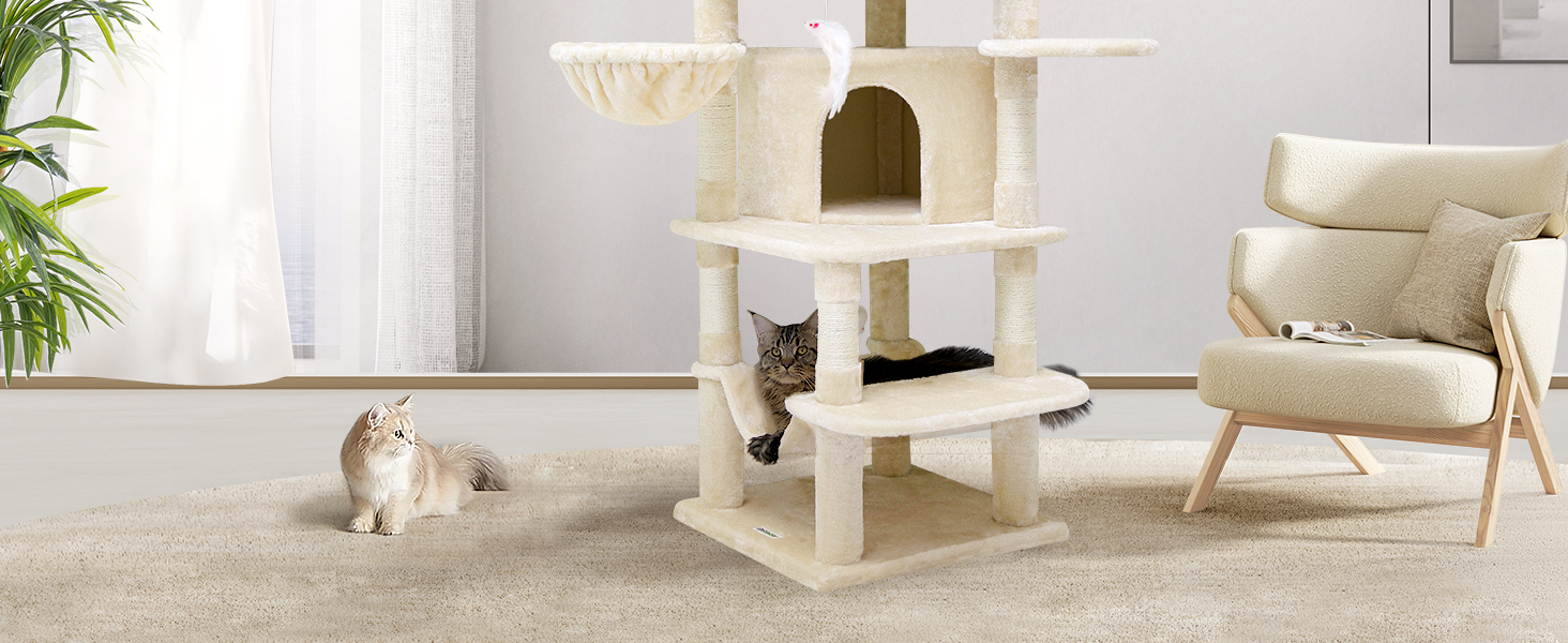 Дім-когтеточка Globlazer для котів, великий кутовий, 167 см, бежевий, для 3-4 котів, з будиночком, гамаком, платформою та кошиком