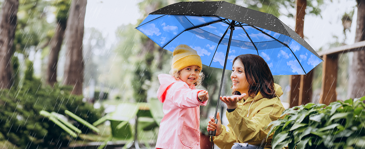 TECKNET Автоматичний парасолька-тростина, штормостійкий, легкий у відкриванні та закриванні, синій та білий