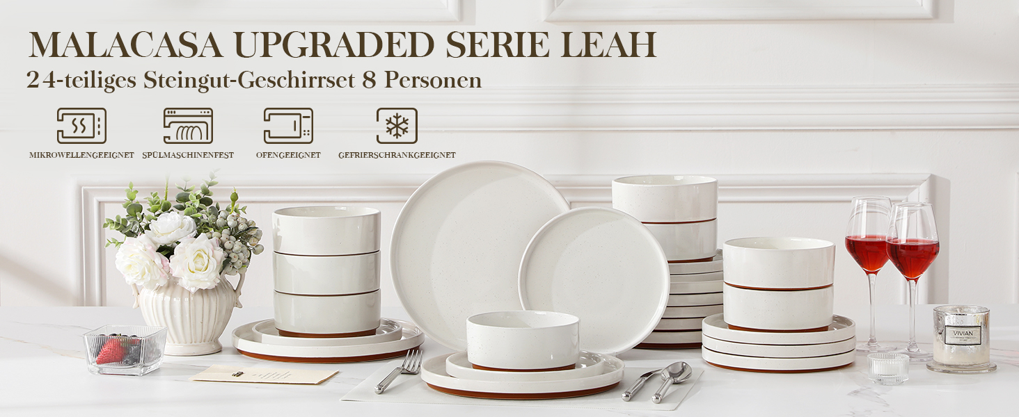 MALACASA Набір посуду з каменю 6 осіб, 18 предметів: тарілки, миски, супи, кераміка, білий з коричневим, посуд для сервірування столу