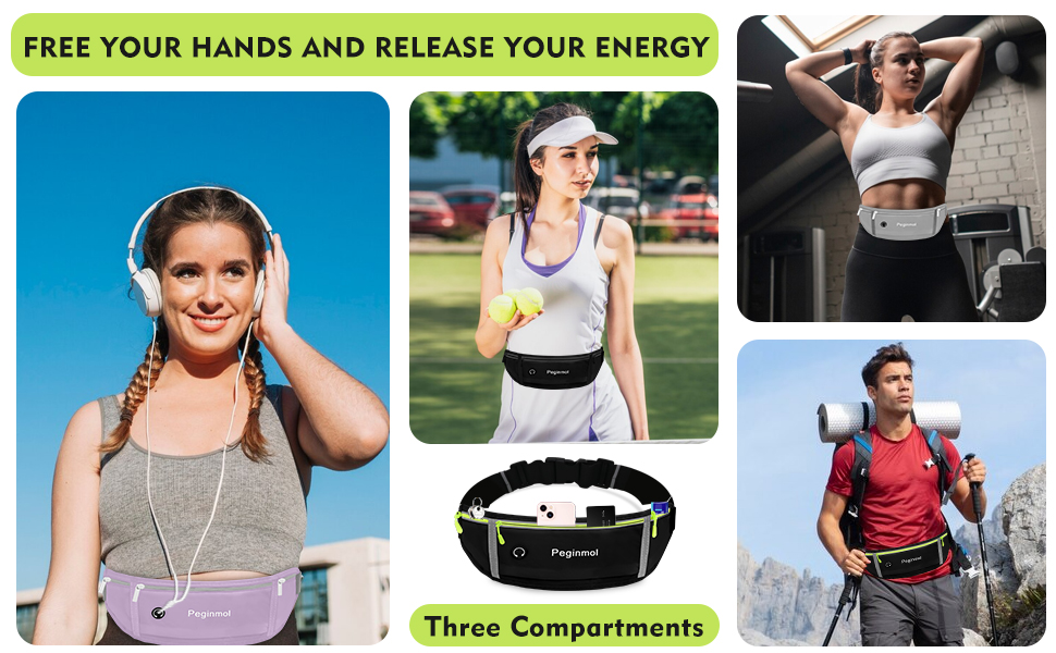 Пояс для телефону, бігова сумка, водонепроникний пояс для бігу, пояс на пояс для жінок та чоловіків з 3 кишенями, велика ємність, регульований біговий пояс (Чорний + Зелений)